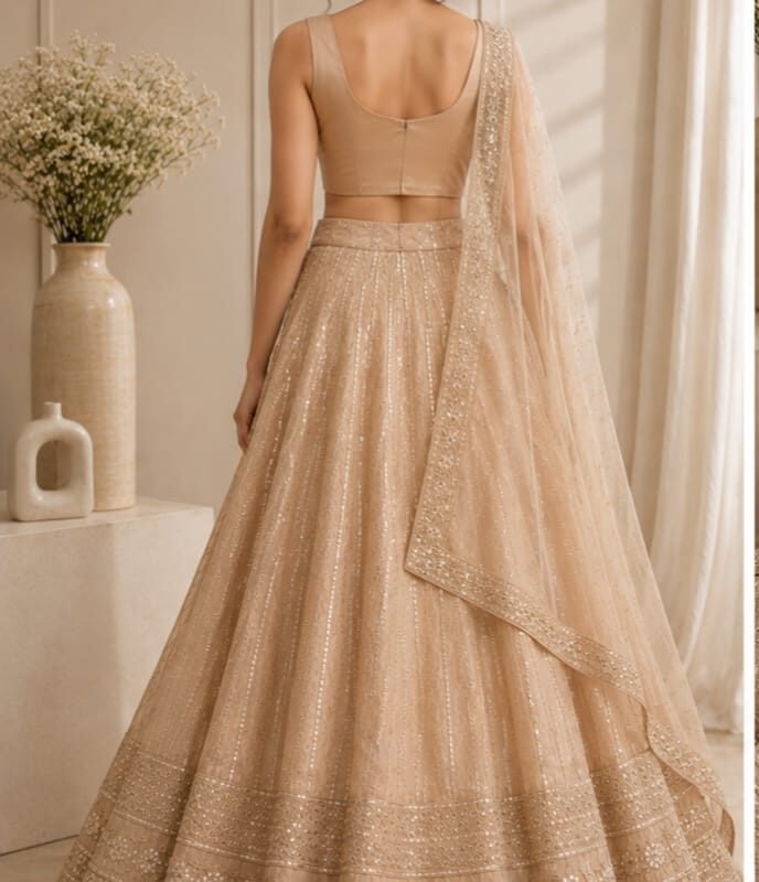 Alternative view of Luxury Golden Beige Sequins Embroidered Lehenga Choli Set with Net Dupatta – Wedding, Reception & Festive Wear