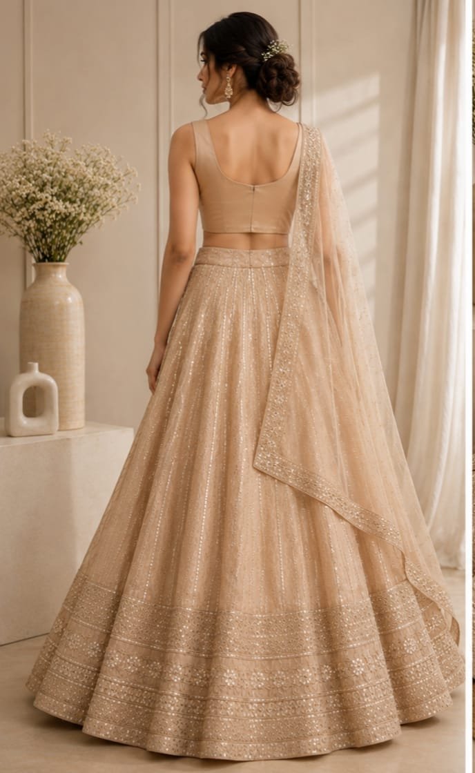 Luxury Golden Beige Sequins Embroidered Lehenga Choli Set with Net Dupatta – Wedding, Reception & Festive Wear - Image 2