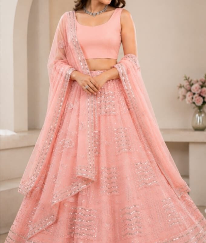 Blush Pink Sequins Embroidered Georgette Lehenga Choli Set with Matching Dupatta – Wedding & Festive Wear