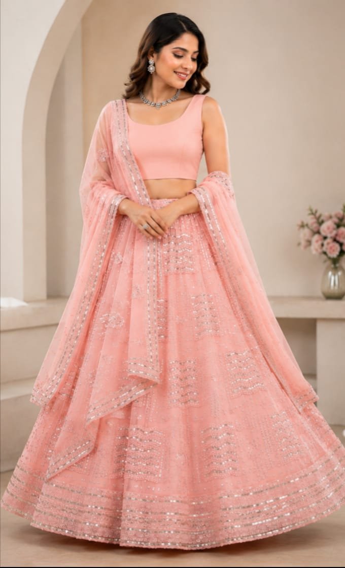 Blush Pink Sequins Embroidered Georgette Lehenga Choli Set with Matching Dupatta – Wedding & Festive Wear