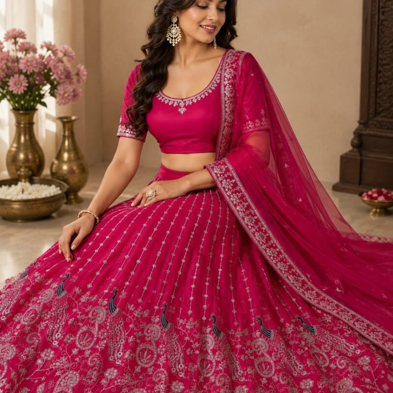 Rani Pink Embroidered Lehenga Choli Set with Designer Dupatta | Wedding & Festive Wear for Women - Image 4