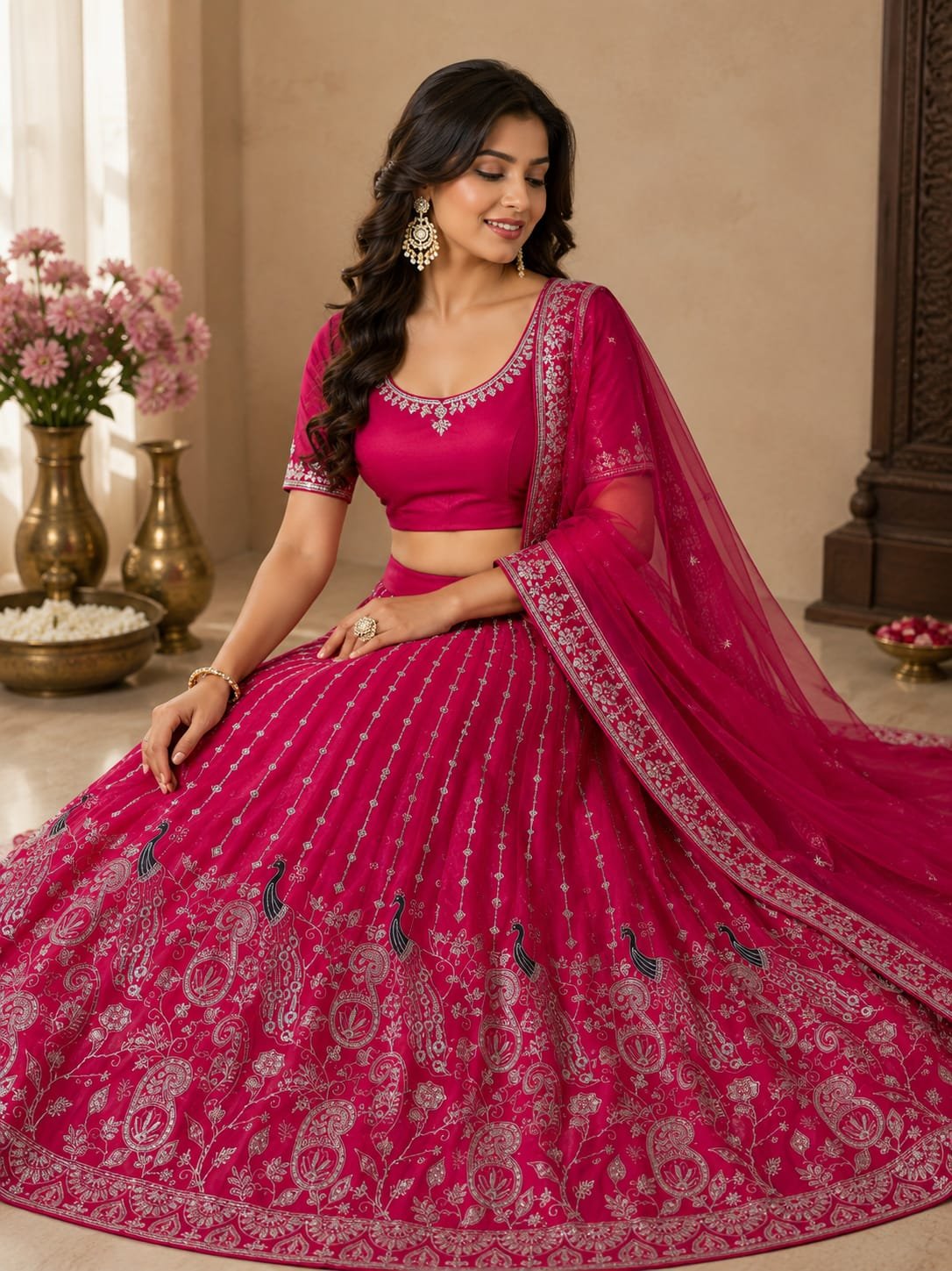 Rani Pink Embroidered Lehenga Choli Set with Designer Dupatta | Wedding & Festive Wear for Women - Image 4