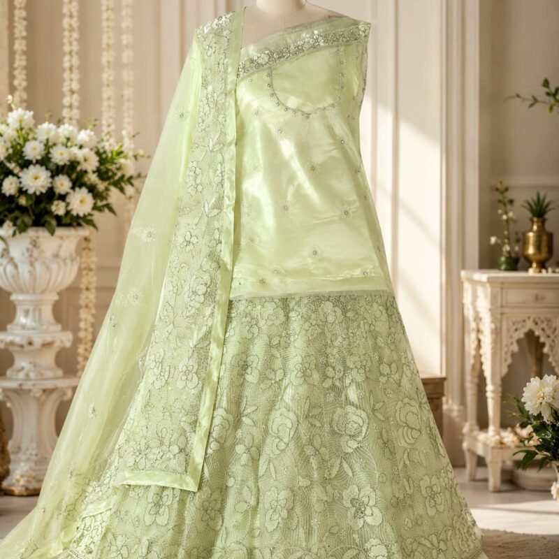 Pastel Pistachio Green Floral Embroidered Organza Lehenga Choli Set with Dupatta | Designer Wedding & Festive Wear for Women - Image 4