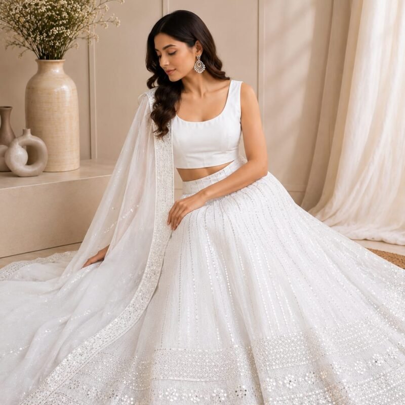 Elegant Ivory White Embroidered Lehenga Choli Set with silk Dupatta – Bridal, Wedding & Festive Wear - Image 4