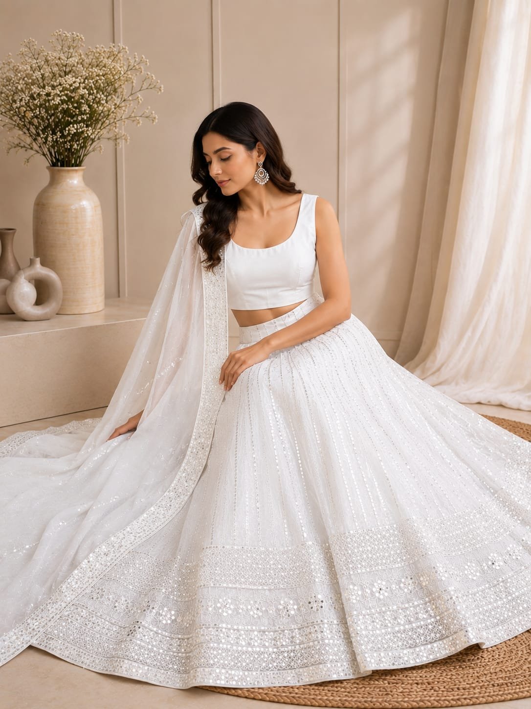 Elegant Ivory White Embroidered Lehenga Choli Set with silk Dupatta – Bridal, Wedding & Festive Wear - Image 4