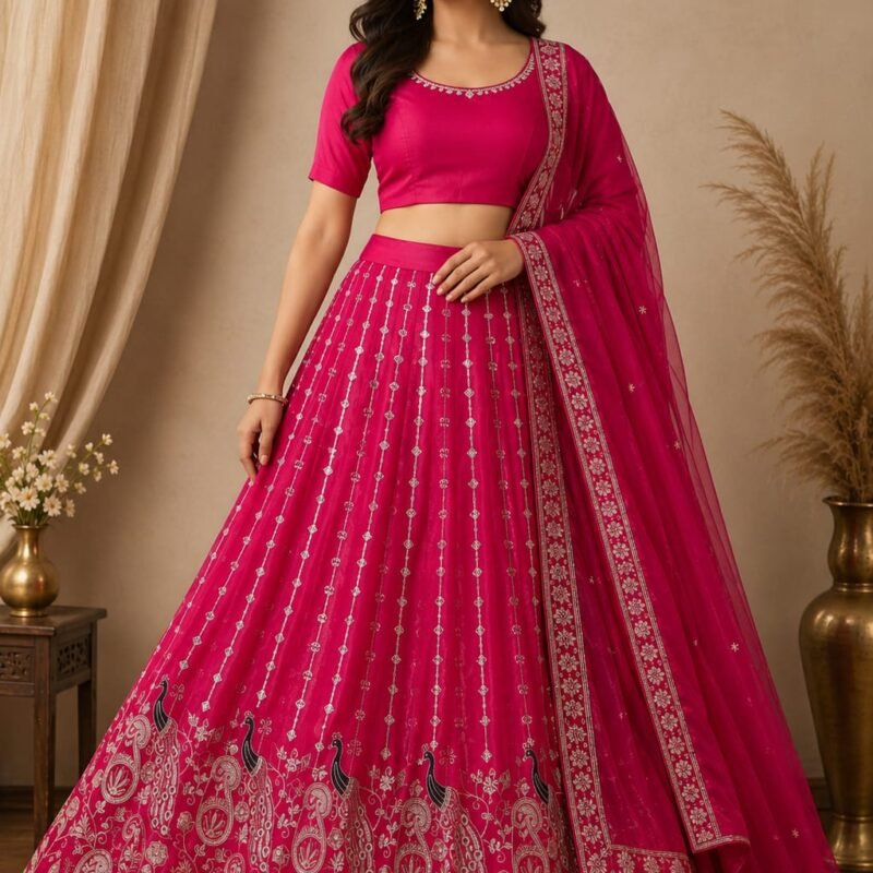 Rani Pink Embroidered Lehenga Choli Set with Designer Dupatta | Wedding & Festive Wear for Women
