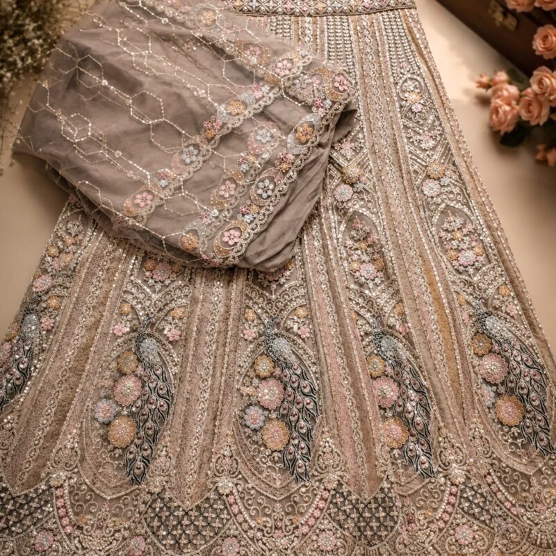 Luxury Champagne Gold Beige Bridal Lehenga set with intricate Hand Embroidery, Peacock Inspired Net Design, Traditional-Ethnic Style. - Image 4