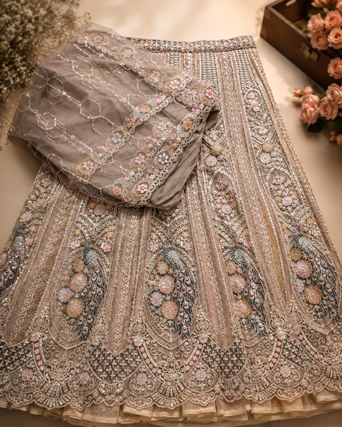 Luxury Champagne Gold Beige Bridal Lehenga set with intricate Hand Embroidery, Peacock Inspired Net Design, Traditional-Ethnic Style. - Image 4