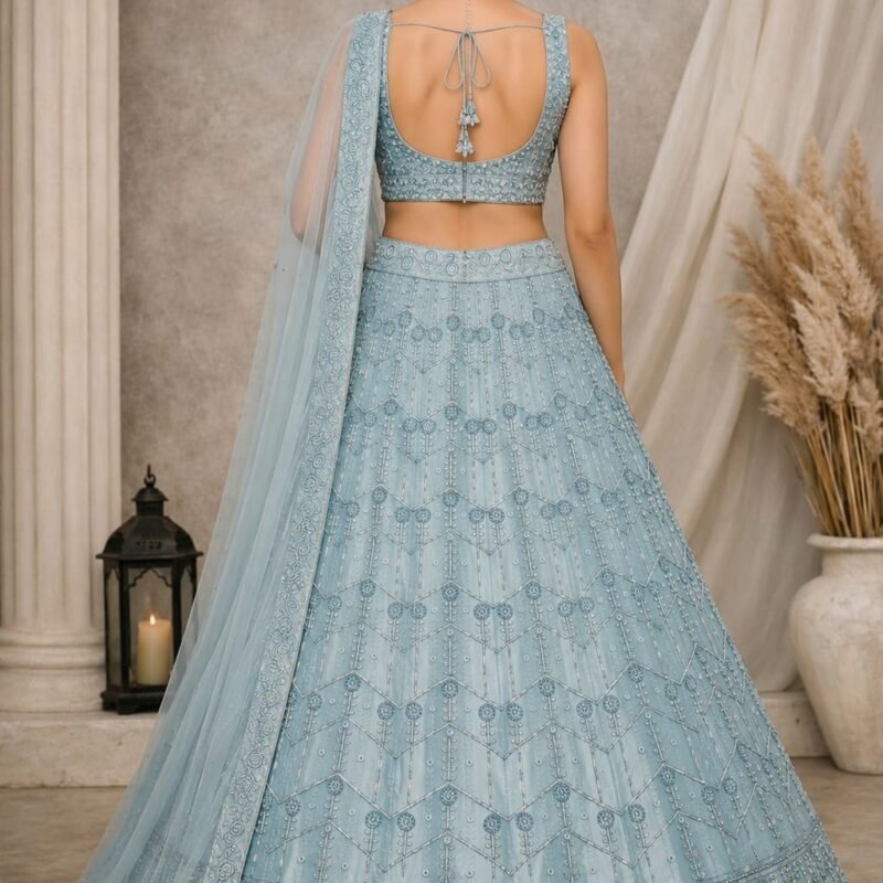 Alternative view of Women's Ice Blue Embroidered Lehenga Choli with Net Dupatta | Designer Party Wear, Wedding & Reception Lehenga Set