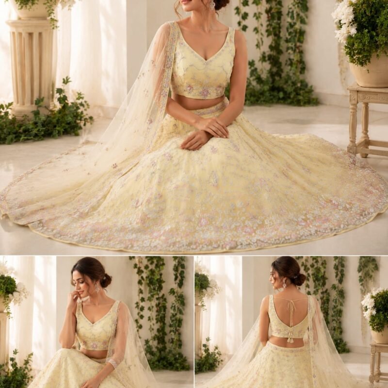 Butter Yellow Floral Embroidered Lehenga Choli - Image 4