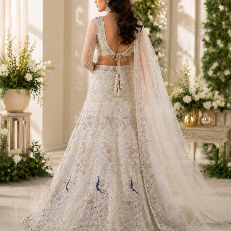 Alternative view of Women's Ivory Floral Embroidered Bridal Lehenga Choli Set with Soft Net Dupatta with Peacock Motif, Premium Wedding & Reception Wear