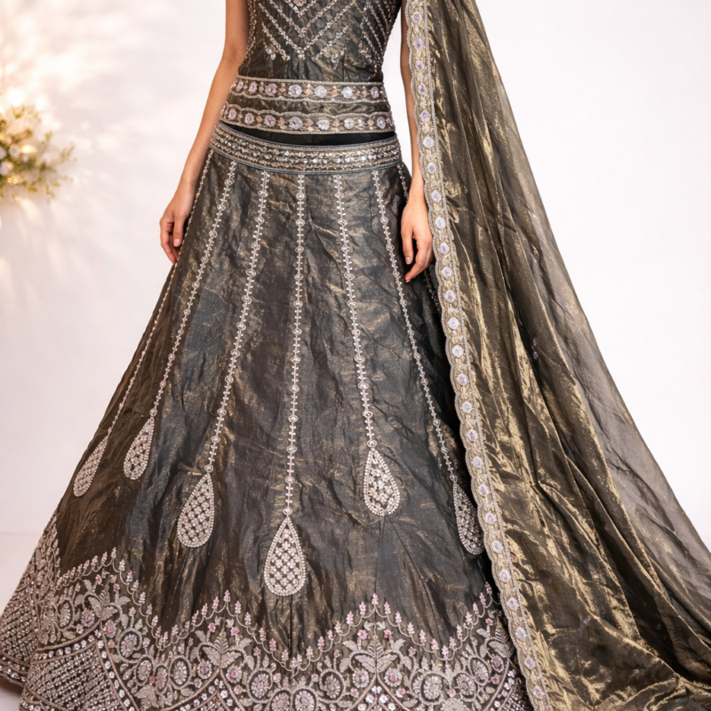 Premium Olive Grey Designer Bridal Lehenga Choli for Women | Heavy Zari, Sequins & Thread Embroidery | Luxury Wedding Lehenga with Shimmer Tissue Dupatta | Semi-Stitched - Image 3