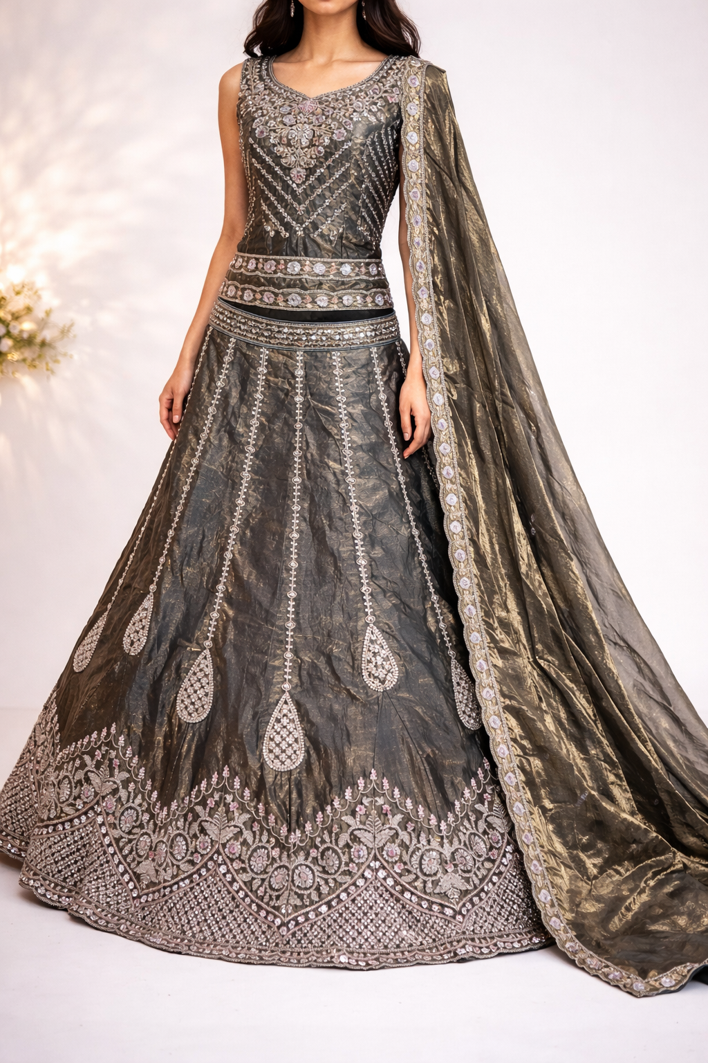 Premium Olive Grey Designer Bridal Lehenga Choli for Women | Heavy Zari, Sequins & Thread Embroidery | Luxury Wedding Lehenga with Shimmer Tissue Dupatta | Semi-Stitched - Image 3