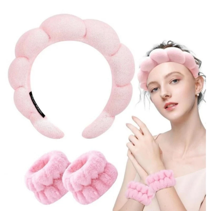 Pack of 2 Spa Headband And Wristband Set (Pink)