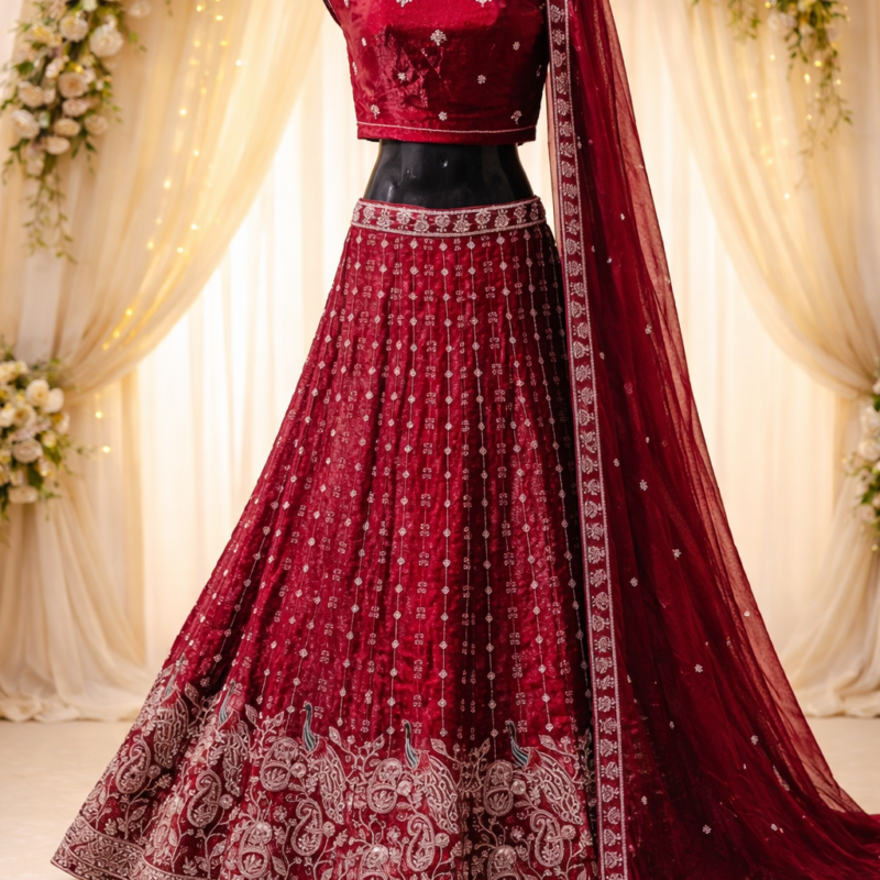 Luxury Wine Red Designer Embroidered Lehenga Choli Set with Premium Dupatta | Bridal, Wedding & Festive Collection