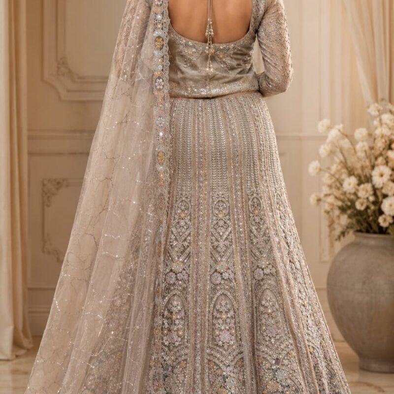 Luxury Champagne Gold Beige Bridal Lehenga set with intricate Hand Embroidery, Peacock Inspired Net Design, Traditional-Ethnic Style. - Image 3