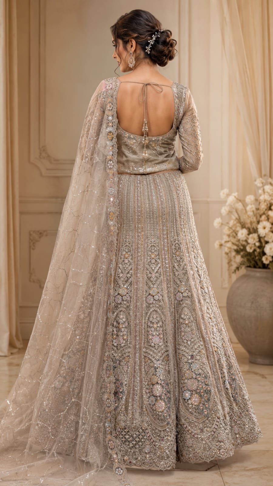 Luxury Champagne Gold Beige Bridal Lehenga set with intricate Hand Embroidery, Peacock Inspired Net Design, Traditional-Ethnic Style. - Image 3