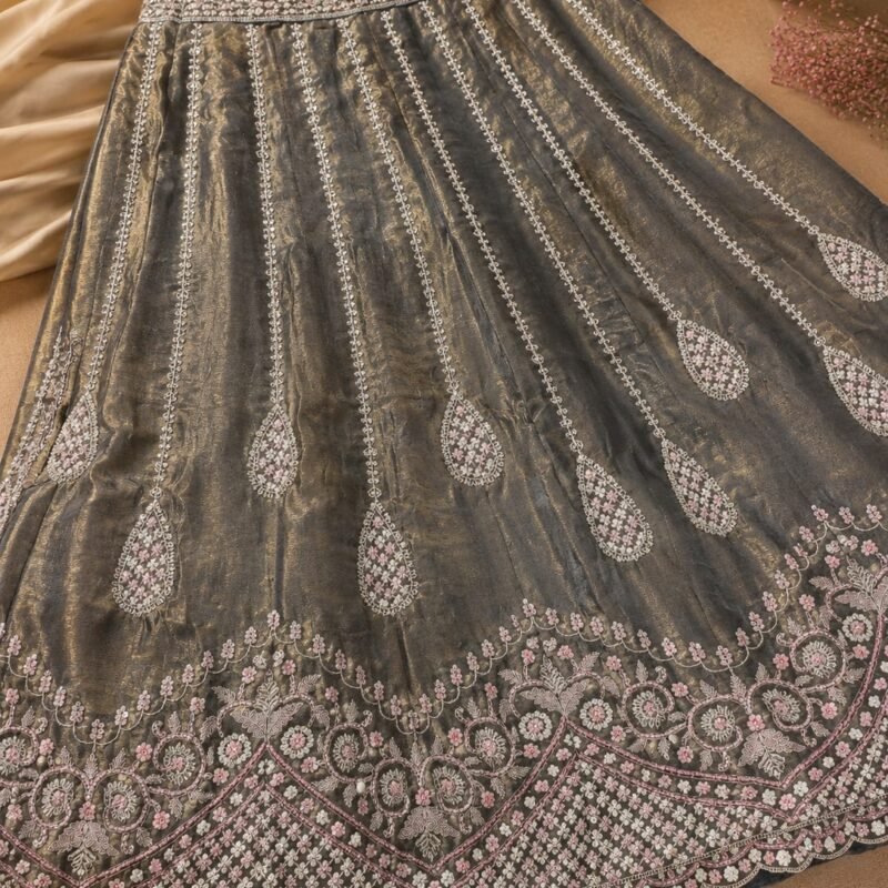 Premium Olive Grey Designer Bridal Lehenga Choli for Women | Heavy Zari, Sequins & Thread Embroidery | Luxury Wedding Lehenga with Shimmer Tissue Dupatta | Semi-Stitched - Image 4
