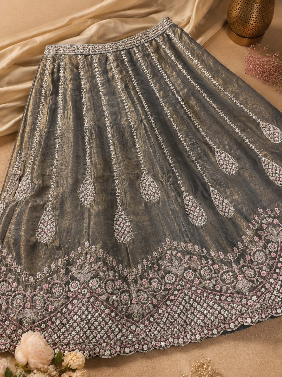Premium Olive Grey Designer Bridal Lehenga Choli for Women | Heavy Zari, Sequins & Thread Embroidery | Luxury Wedding Lehenga with Shimmer Tissue Dupatta | Semi-Stitched - Image 4