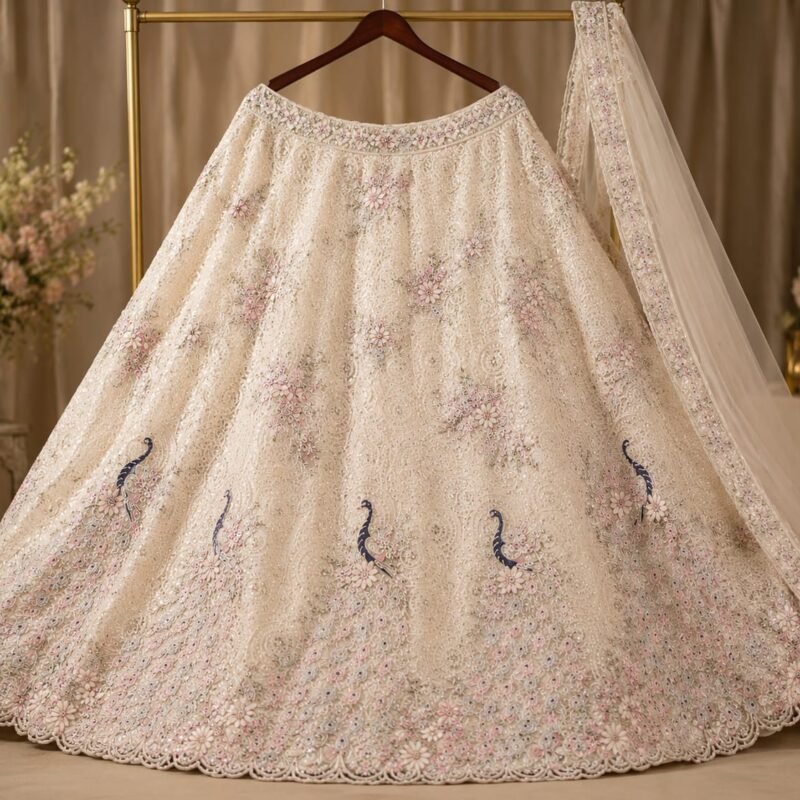 Women's Ivory Floral Embroidered Bridal Lehenga Choli Set with Soft Net Dupatta with Peacock Motif, Premium Wedding & Reception Wear - Image 4