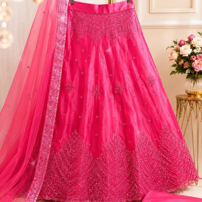 Women's Rani Pink Embroidered Net Silk Blend Lehenga Choli with Net Dupatta | Bridal, Wedding & Festive Wear - Image 3