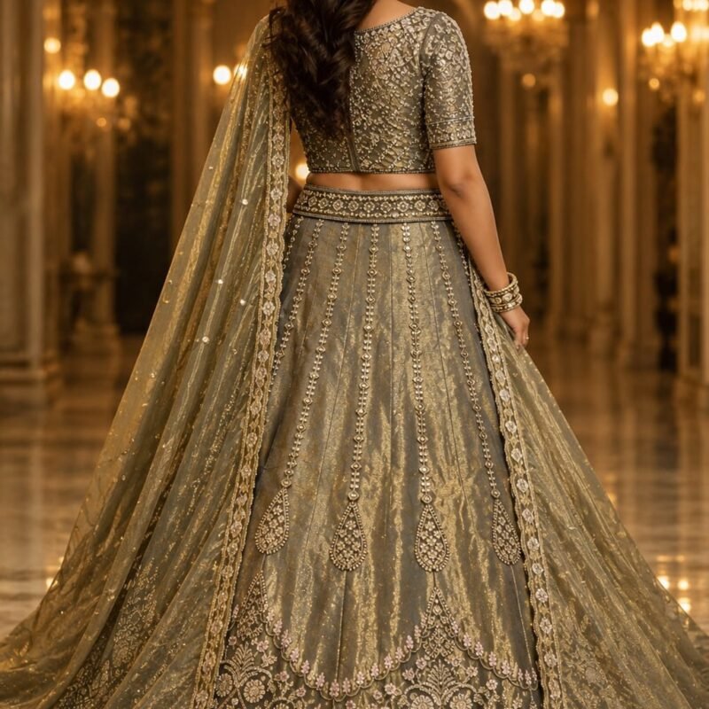 Alternative view of Premium Olive Grey Designer Bridal Lehenga Choli for Women | Heavy Zari, Sequins & Thread Embroidery | Luxury Wedding Lehenga with Shimmer Tissue Dupatta | Semi-Stitched