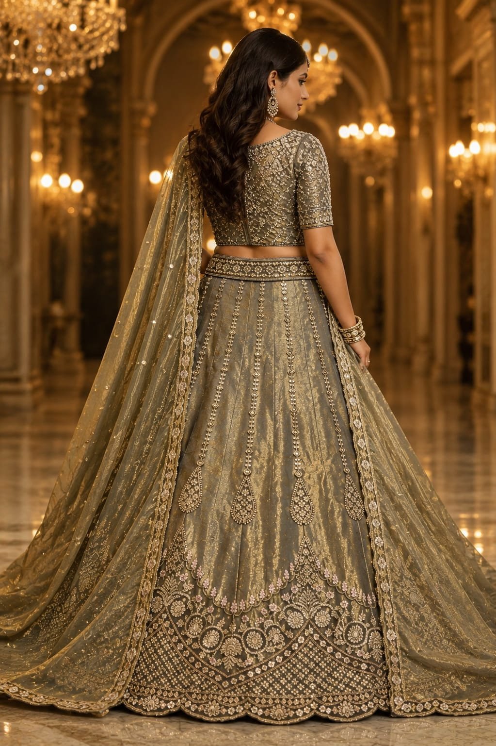 Premium Olive Grey Designer Bridal Lehenga Choli for Women | Heavy Zari, Sequins & Thread Embroidery | Luxury Wedding Lehenga with Shimmer Tissue Dupatta | Semi-Stitched - Image 2