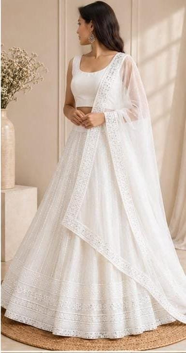 Elegant Ivory White Embroidered Lehenga Choli Set with silk Dupatta – Bridal, Wedding & Festive Wear