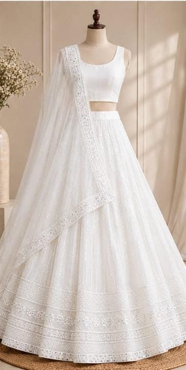 Elegant Ivory White Embroidered Lehenga Choli Set with silk Dupatta – Bridal, Wedding & Festive Wear - Image 3