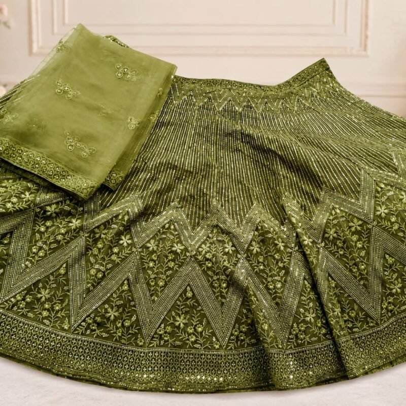 Olive Green Sequined Embellished Lehenga Set with Embroidered Net Dupatta - Image 3
