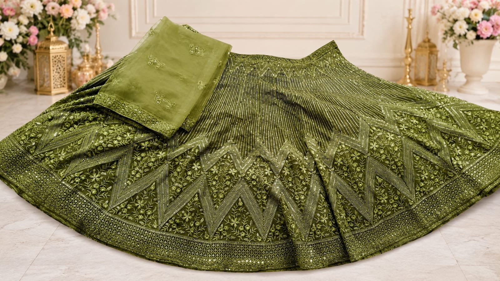 Olive Green Sequined Embellished Lehenga Set with Embroidered Net Dupatta - Image 3