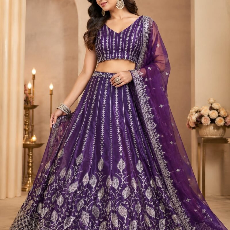 Royal Purple Embroidered Semi-Stitched Lehenga Set for Women | Designer Festive, Wedding & Party Wear