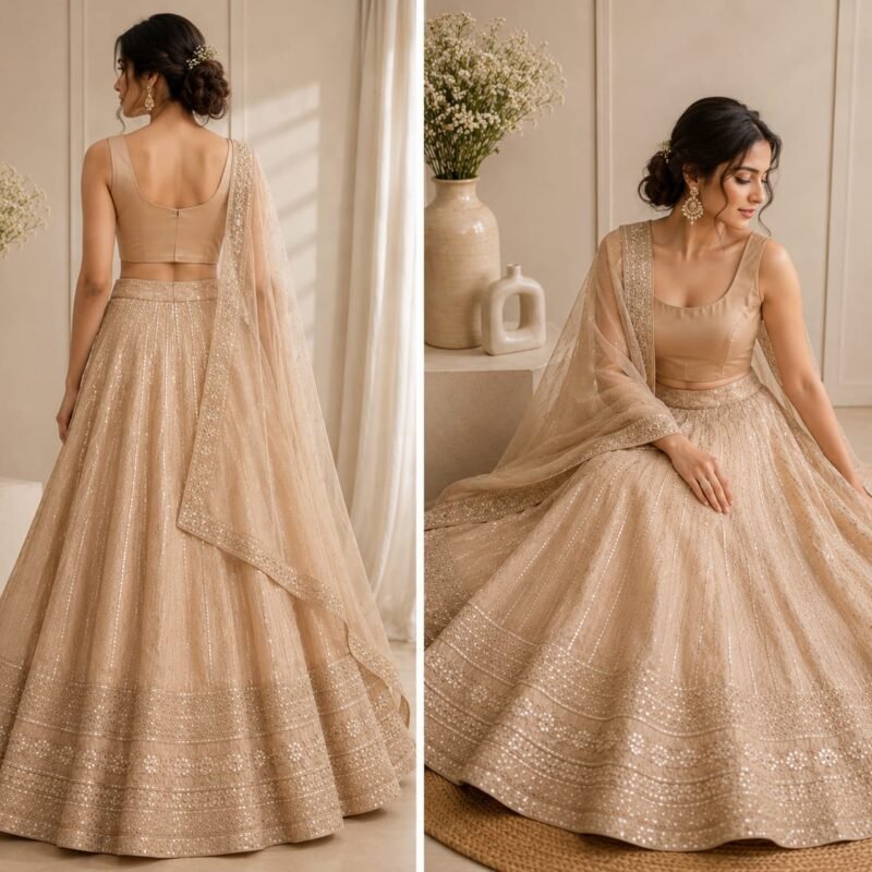 Luxury Golden Beige Sequins Embroidered Lehenga Choli Set with Net Dupatta – Wedding, Reception & Festive Wear - Image 4