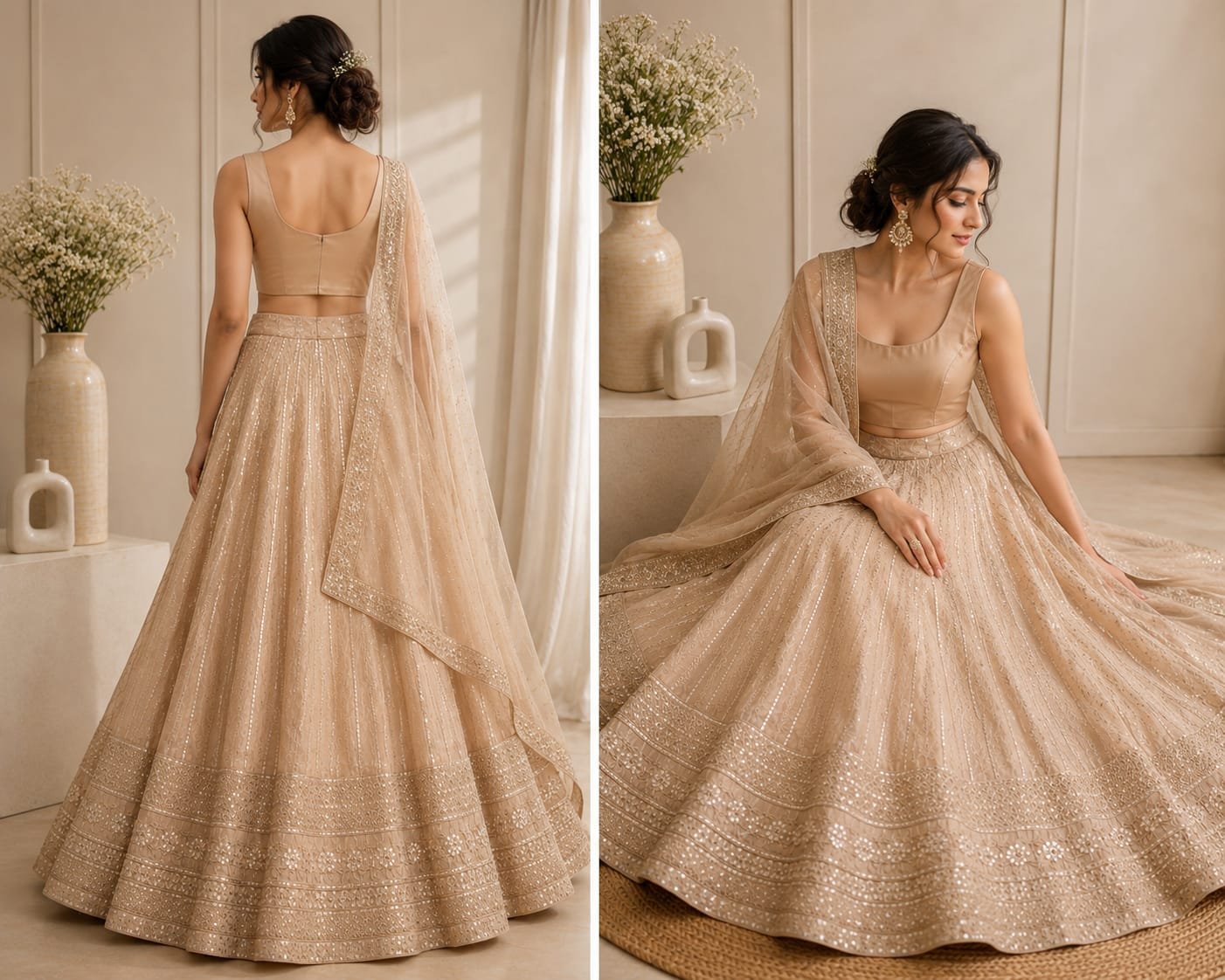 Luxury Golden Beige Sequins Embroidered Lehenga Choli Set with Net Dupatta – Wedding, Reception & Festive Wear - Image 4