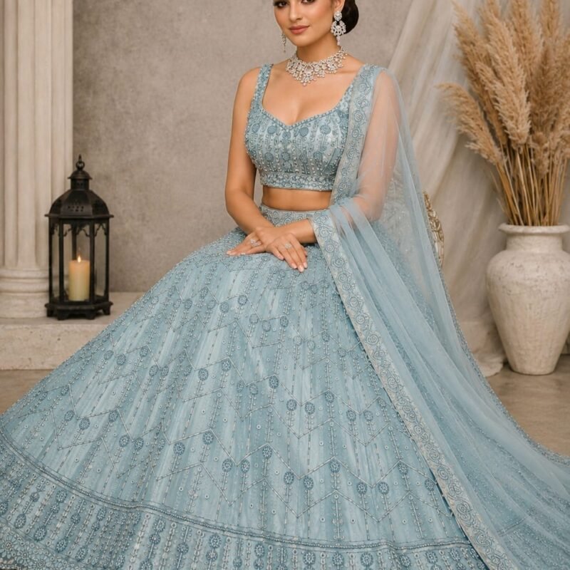 Women's Ice Blue Embroidered Lehenga Choli with Net Dupatta | Designer Party Wear, Wedding & Reception Lehenga Set - Image 4