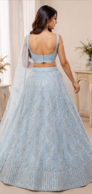 Alternative view of Sky Blue Premium Sequins & Thread Embroidered Lehenga Choli with Soft Net Dupatta | Wedding, Reception & Party Wear