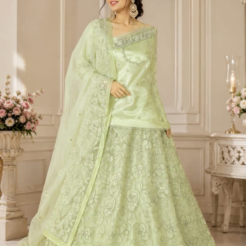 Pastel Pistachio Green Floral Embroidered Organza Lehenga Choli Set with Dupatta | Designer Wedding & Festive Wear for Women