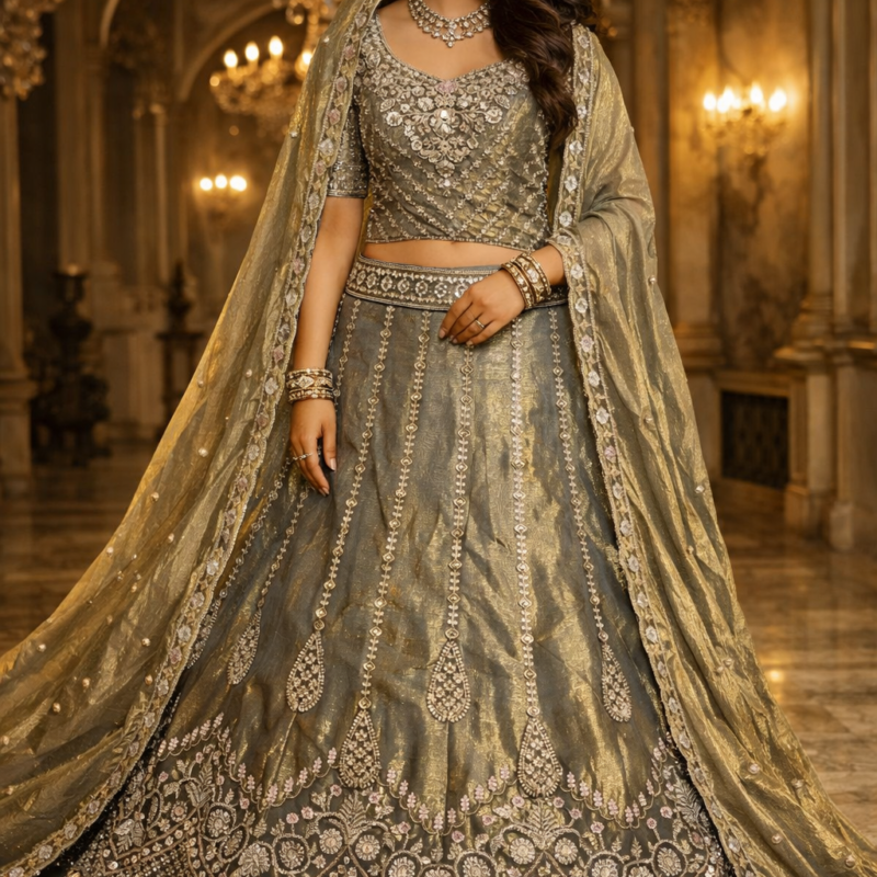 Premium Olive Grey Designer Bridal Lehenga Choli for Women | Heavy Zari, Sequins & Thread Embroidery | Luxury Wedding Lehenga with Shimmer Tissue Dupatta | Semi-Stitched