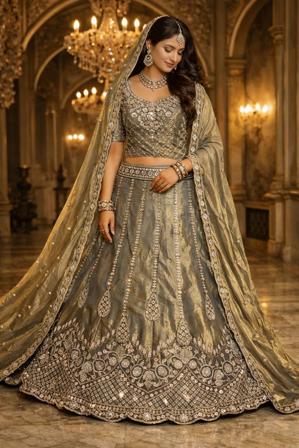 Premium Olive Grey Designer Bridal Lehenga Choli for Women | Heavy Zari, Sequins & Thread Embroidery | Luxury Wedding Lehenga with Shimmer Tissue Dupatta | Semi-Stitched
