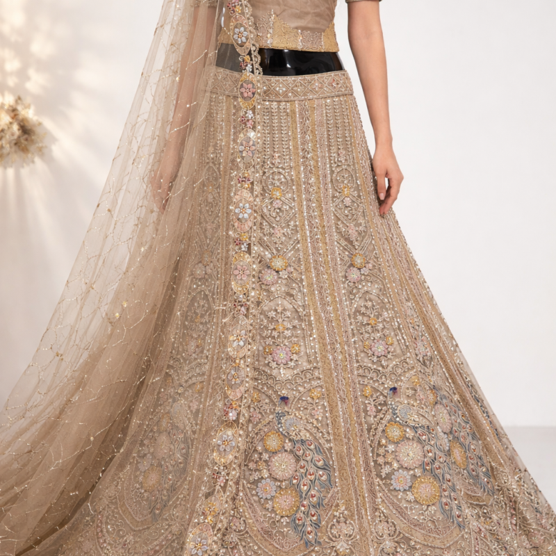Alternative view of Luxury Champagne Gold Beige Bridal Lehenga set with intricate Hand Embroidery, Peacock Inspired Net Design, Traditional-Ethnic Style.