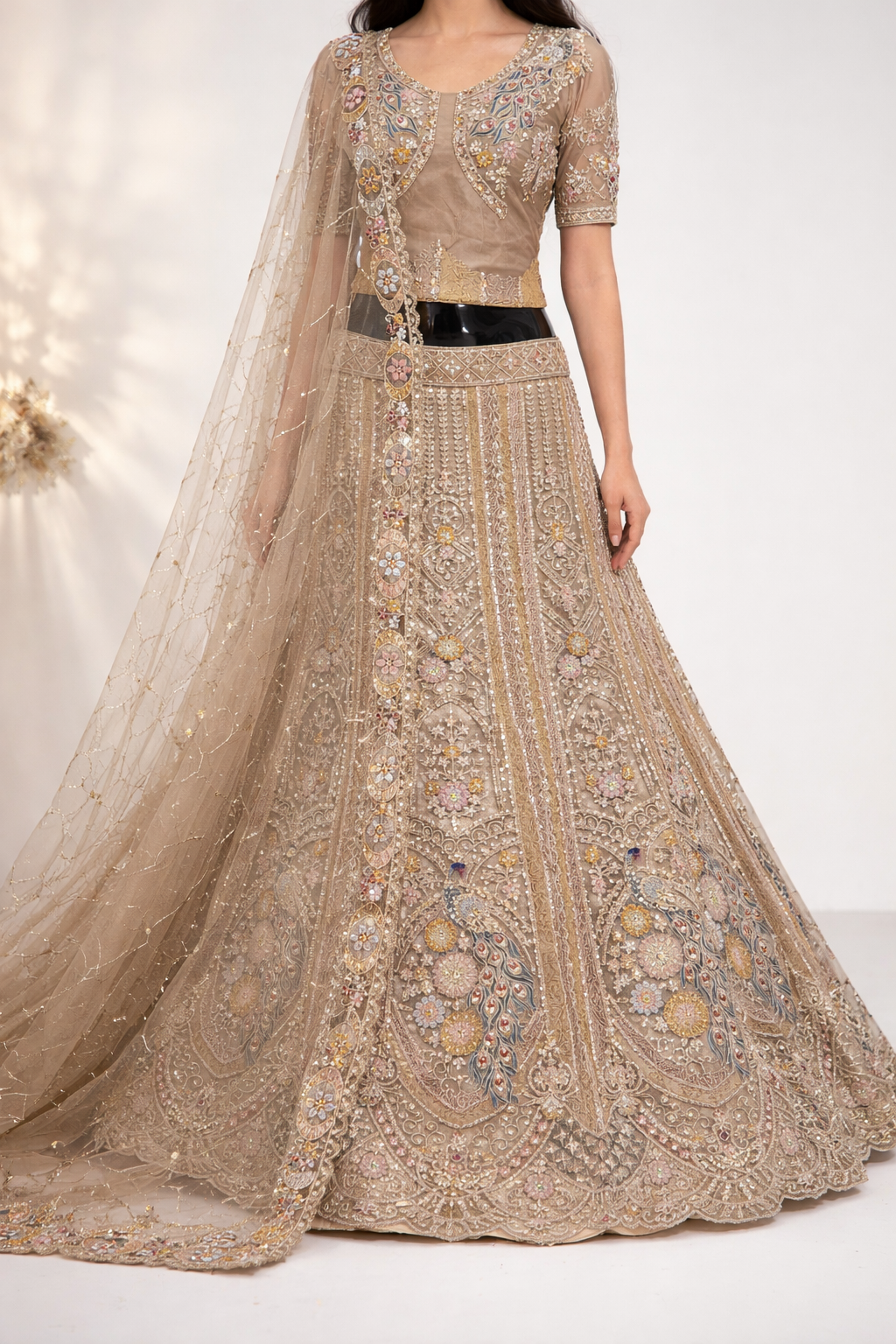 Luxury Champagne Gold Beige Bridal Lehenga set with intricate Hand Embroidery, Peacock Inspired Net Design, Traditional-Ethnic Style. - Image 2