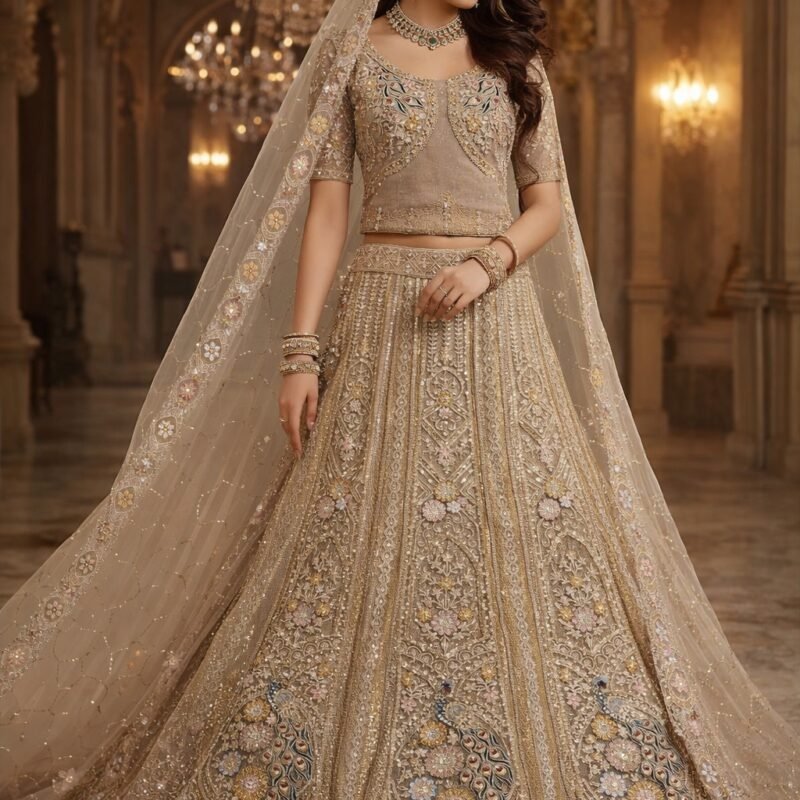 Luxury Champagne Gold Beige Bridal Lehenga set with intricate Hand Embroidery, Peacock Inspired Net Design, Traditional-Ethnic Style.