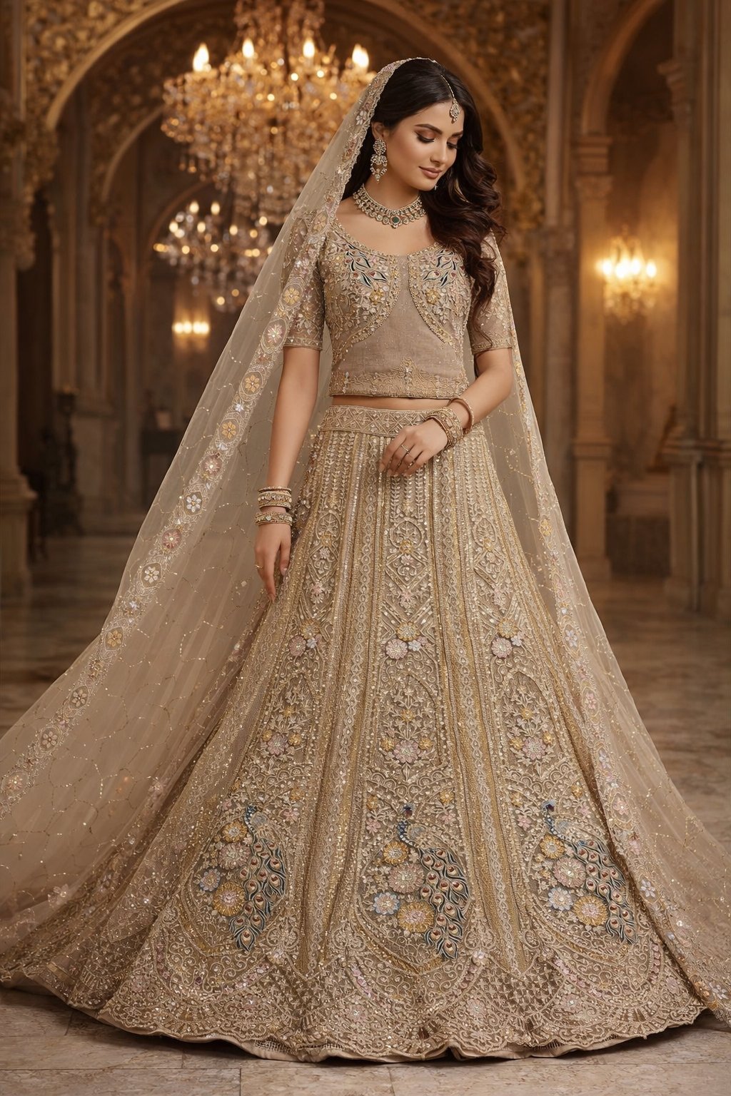 Luxury Champagne Gold Beige Bridal Lehenga set with intricate Hand Embroidery, Peacock Inspired Net Design, Traditional-Ethnic Style.