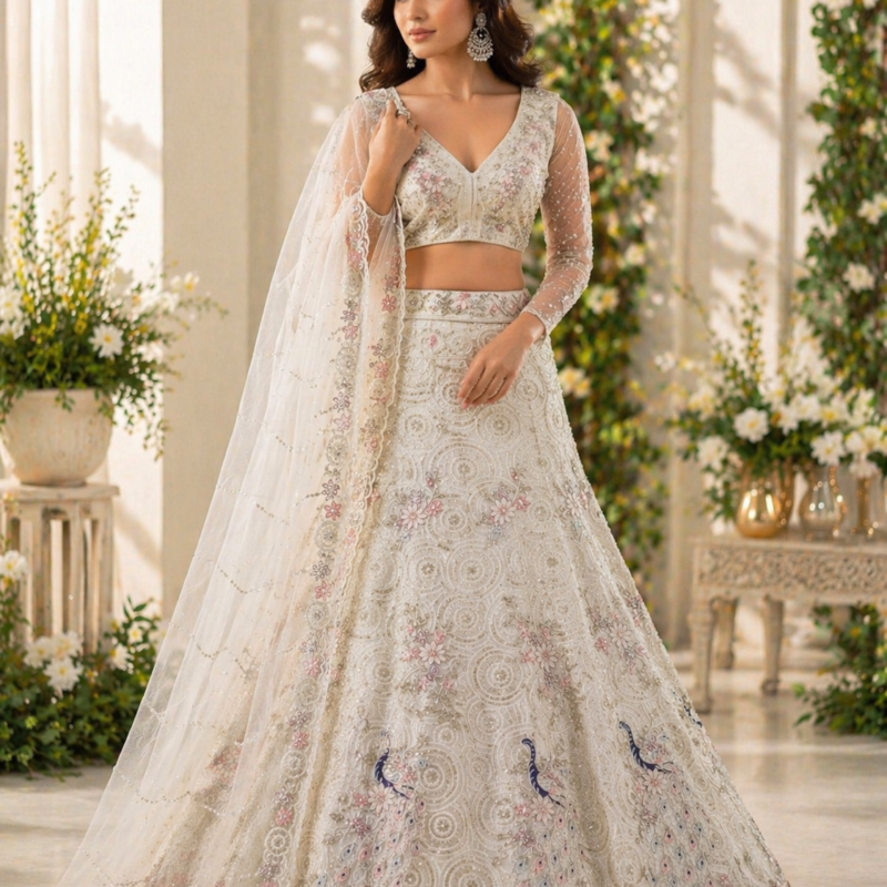 Women's Ivory Floral Embroidered Bridal Lehenga Choli Set with Soft Net Dupatta with Peacock Motif, Premium Wedding & Reception Wear