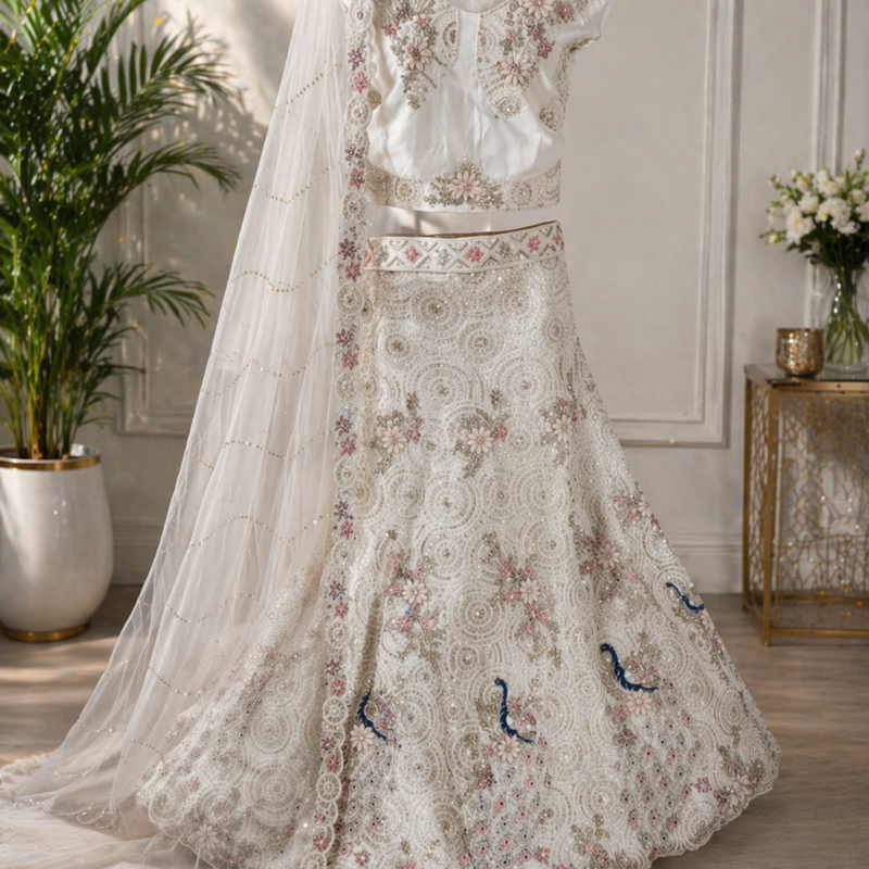 Women's Ivory Floral Embroidered Bridal Lehenga Choli Set with Soft Net Dupatta with Peacock Motif, Premium Wedding & Reception Wear - Image 3