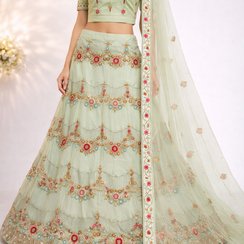 Designer Pista Green Floral Embroidered Lehenga Choli Set with Net Dupatta. - Image 3