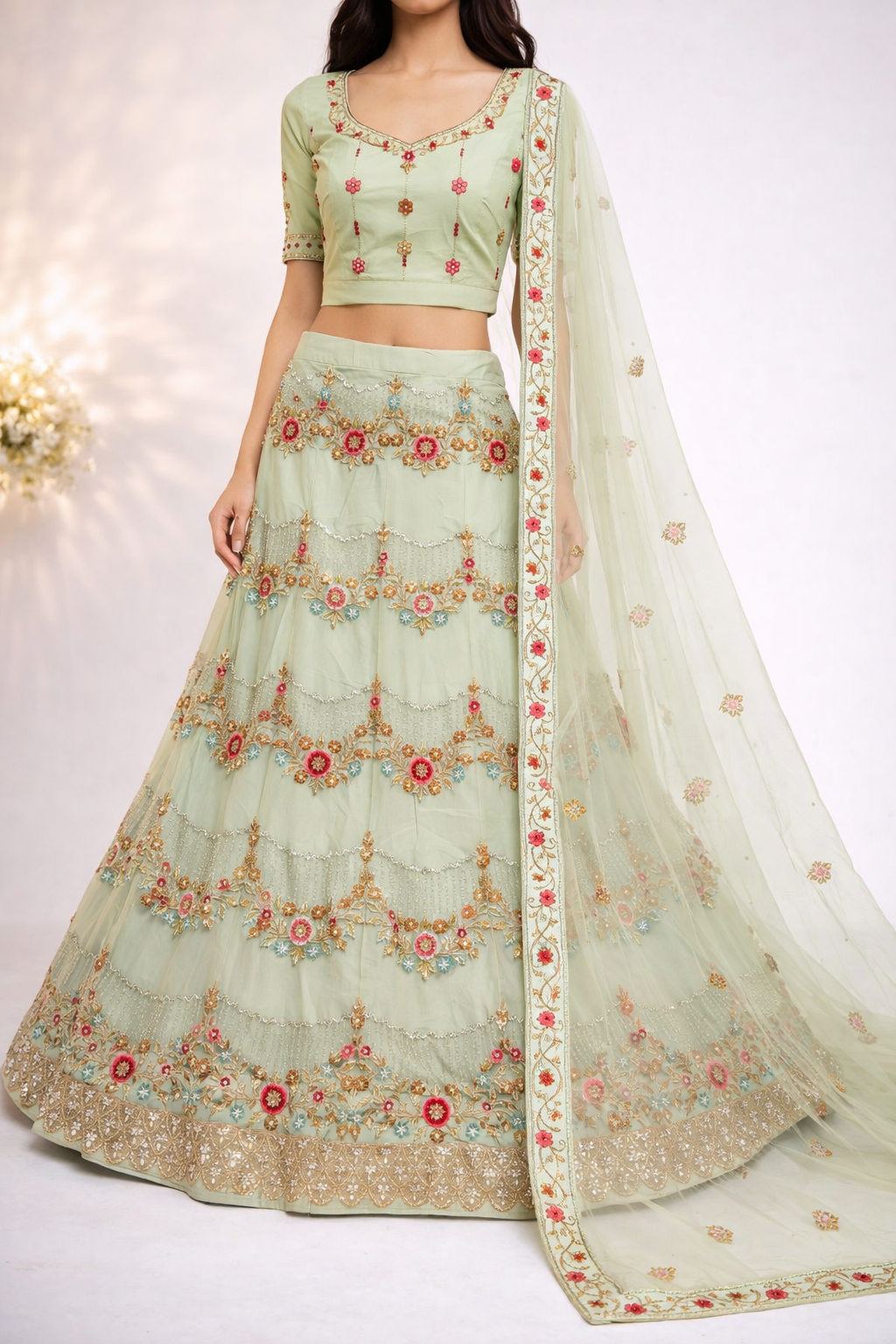 Designer Pista Green Floral Embroidered Lehenga Choli Set with Net Dupatta. - Image 3