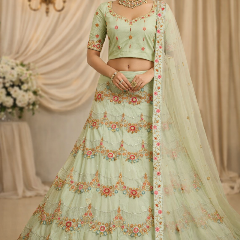 Alternative view of Designer Pista Green Floral Embroidered Lehenga Choli Set with Net Dupatta.