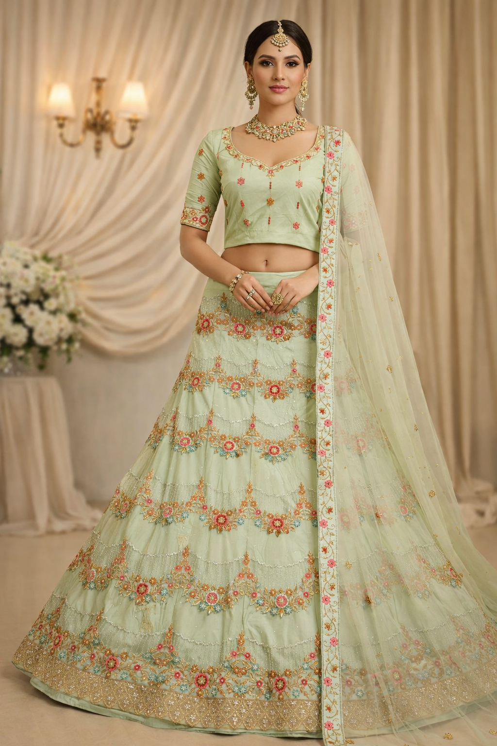 Designer Pista Green Floral Embroidered Lehenga Choli Set with Net Dupatta. - Image 2