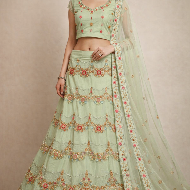 Designer Pista Green Floral Embroidered Lehenga Choli Set with Net Dupatta.
